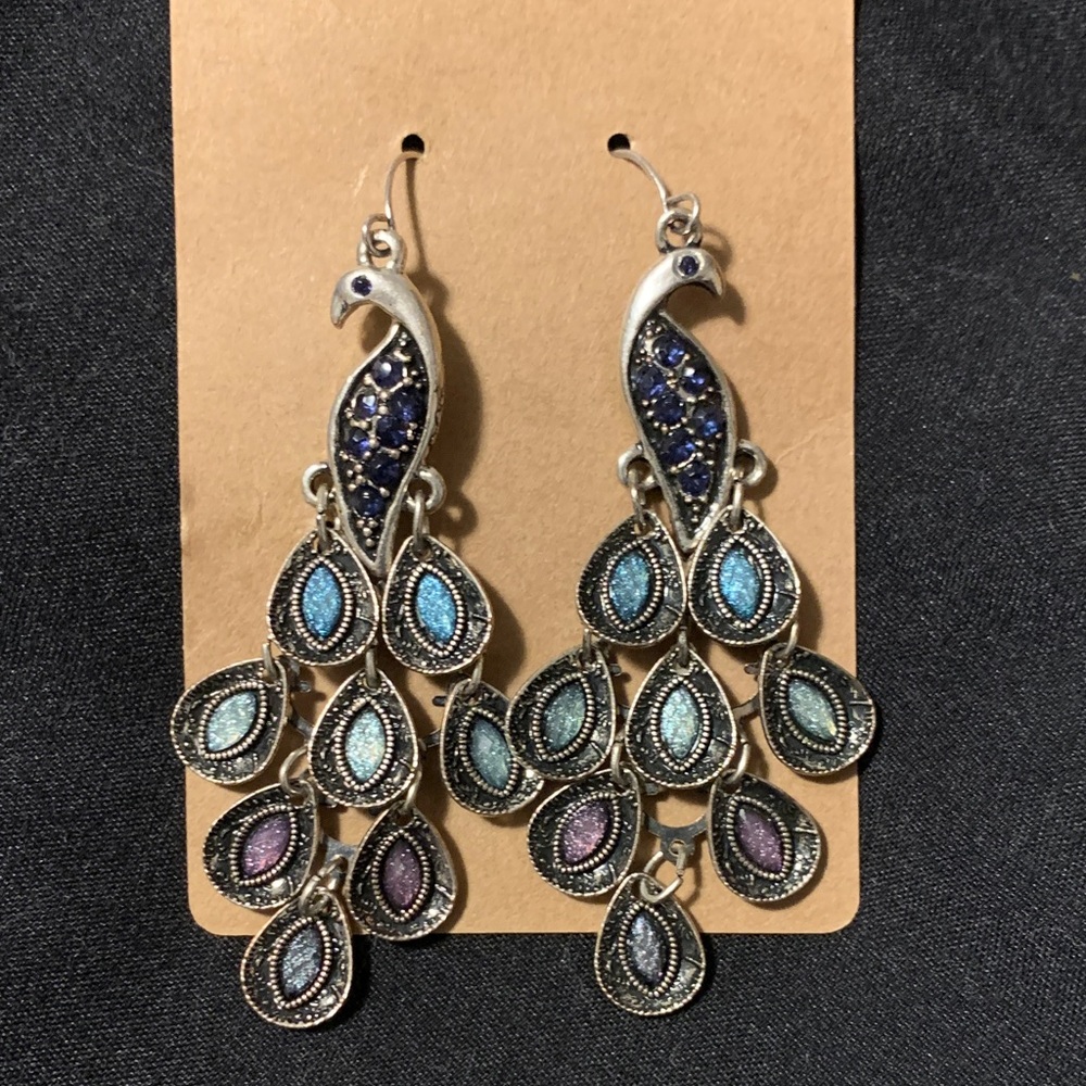 Chic Peacock Drop Earrings with Blue/Purple/Green Accents